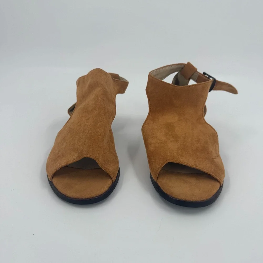 Womens Wedge Sandals US Size 7.5 Brown Suede Comfort Peep Toe Ankle Buckle Strap